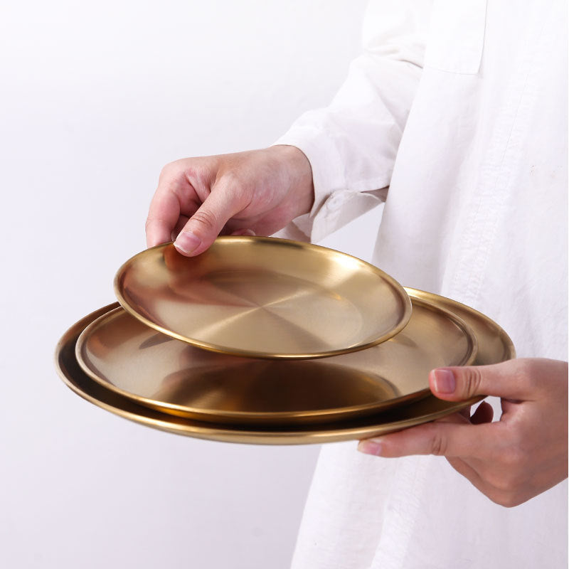 Retro Metal Round Tray Stainless Steel Snack Fruit Tray Jewelry