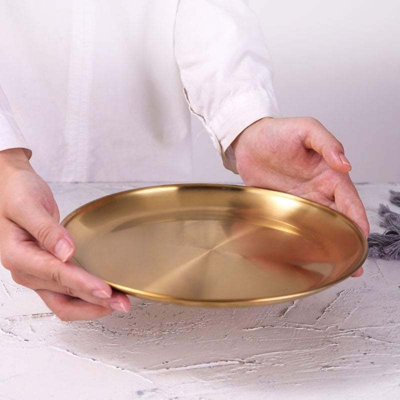 Retro Metal Round Tray Stainless Steel Snack Fruit Tray Jewelry