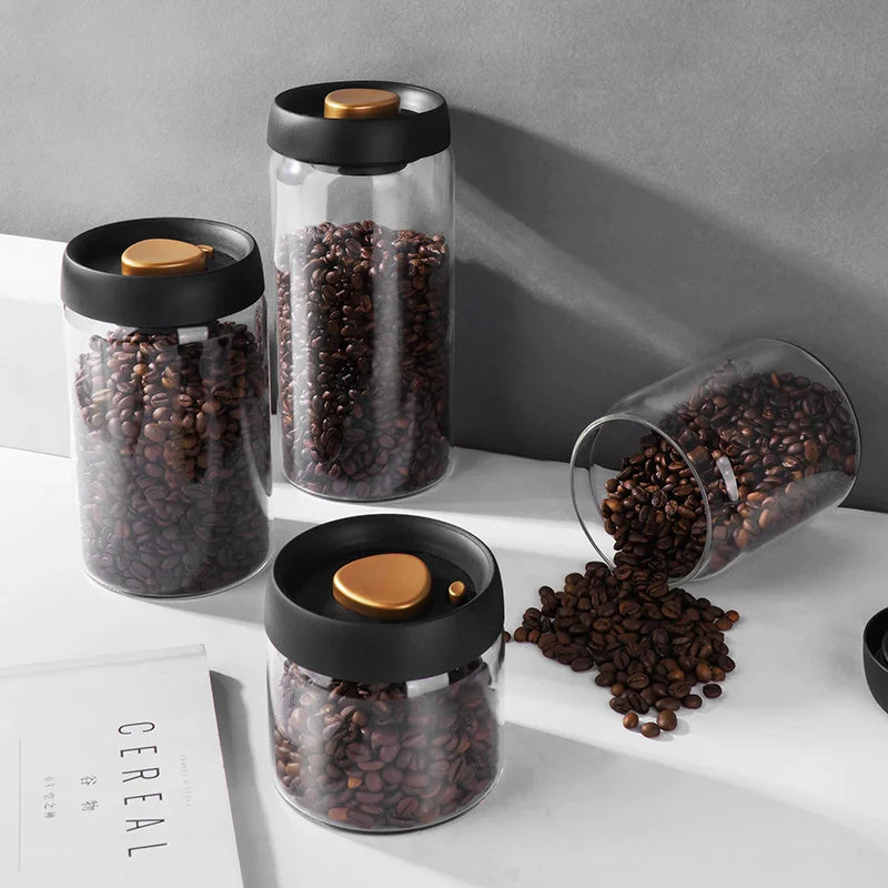 Vacuum Sealed Jug Set Black Coffee Beans Glass Airtight Canister