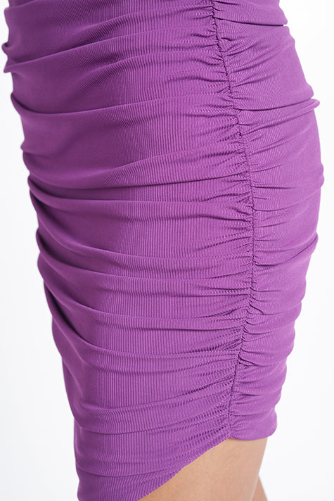 Harper Dress - Amethyst Ribbed & Ruched Asymmetric Bodycon with Bow