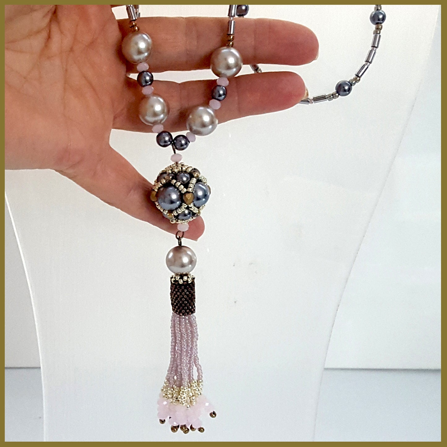 ""NEW"" Pink Beaded Tassel Haematite