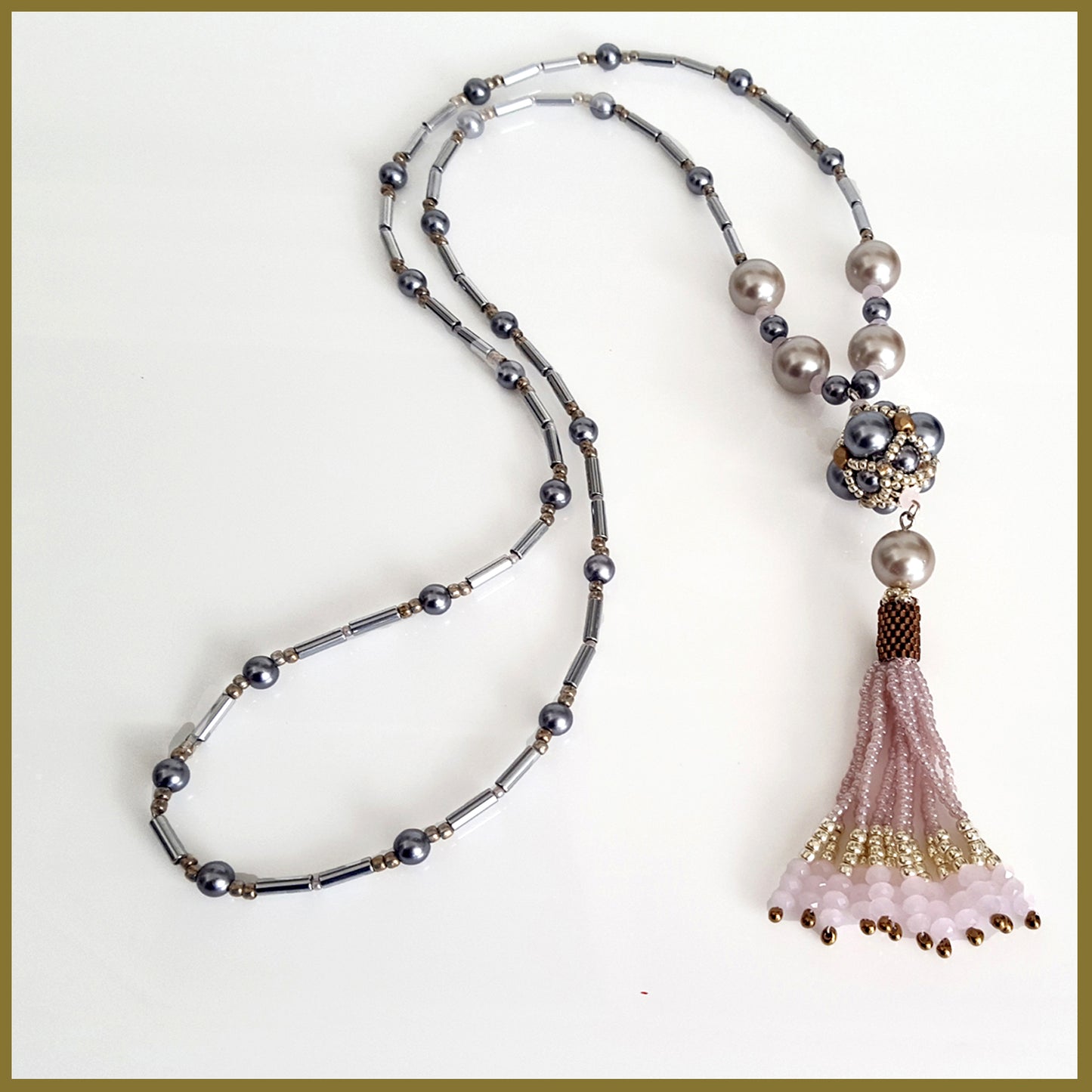 ""NEW"" Pink Beaded Tassel Haematite