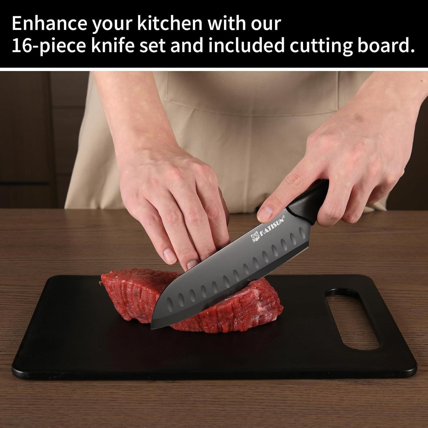 16 Pieces Kitchen Knife Block Set with Cutting Board, German Premium