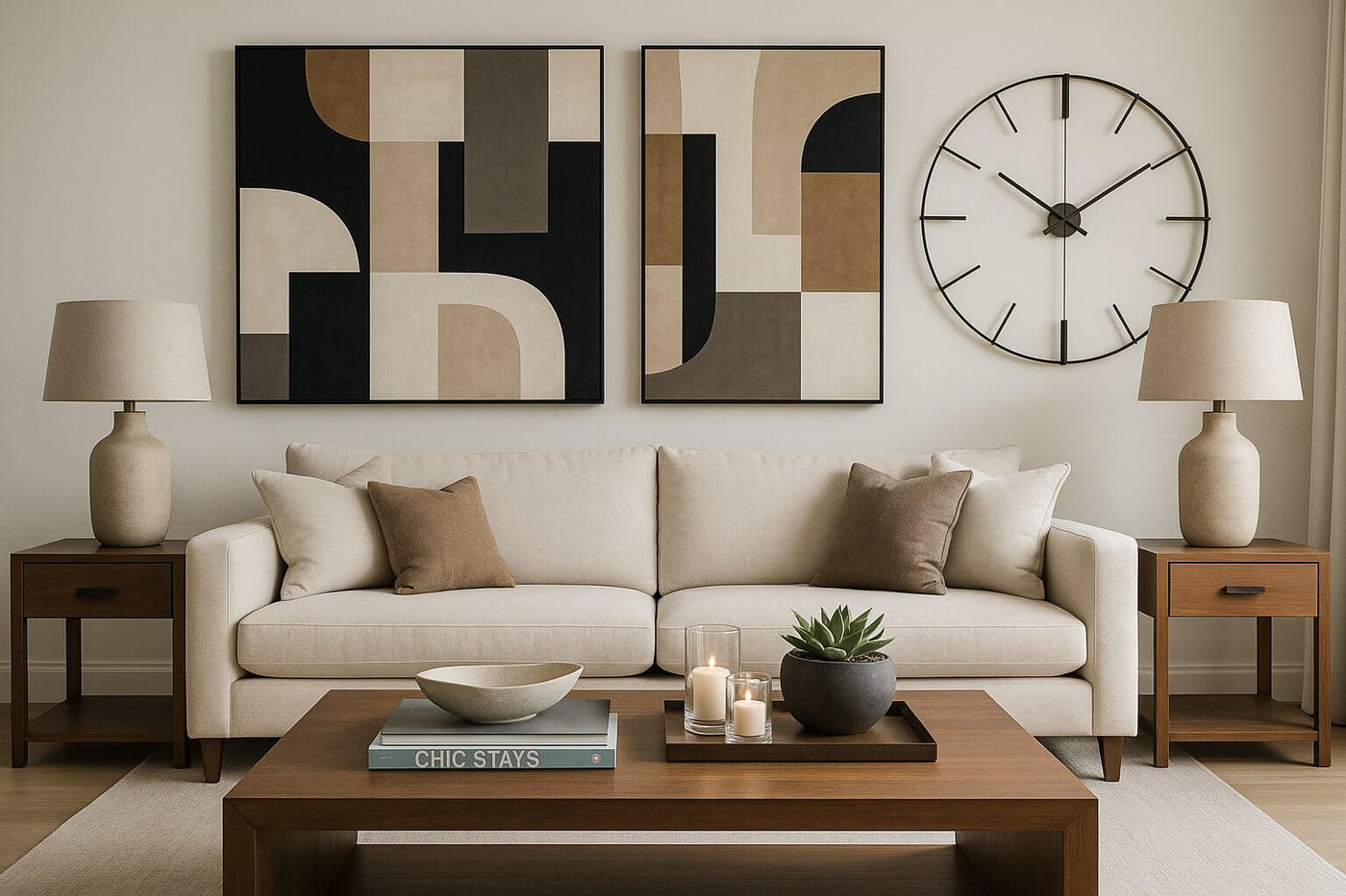 Stylish living room featuring modern decor, showcasing home aesthetics with abstract art and neutral tones.