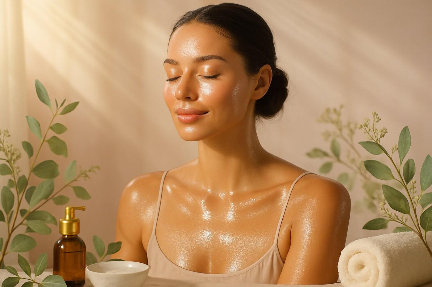 Radiant woman enjoying skincare with Skin & Shine products, surrounded by greenery and a serene atmosphere.