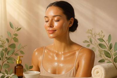 Radiant woman enjoying skincare with Skin & Shine products, surrounded by greenery and a serene atmosphere.