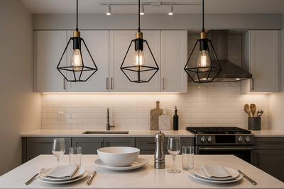 Modern kitchen decor showcasing elegant lighting and table settings in a stylish Kitchen Nest.