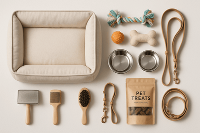 Collection of pet supplies including a bed, toys, bowls, and treats from The Pet Corner.