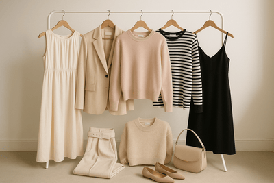 Step & Style collection featuring stylish outfits on a clothing rack including dresses, blazers, and accessories.