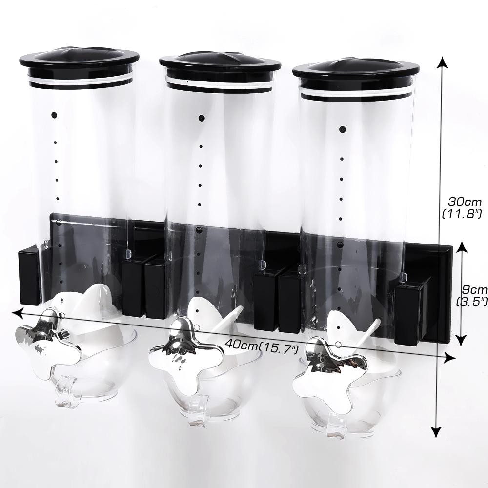 Wall Mounted Triple Cereal Dispenser Dry Food Storage Container