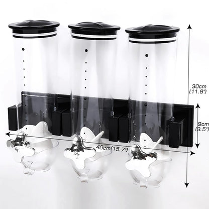 Wall Mounted Triple Cereal Dispenser Dry Food Storage Container
