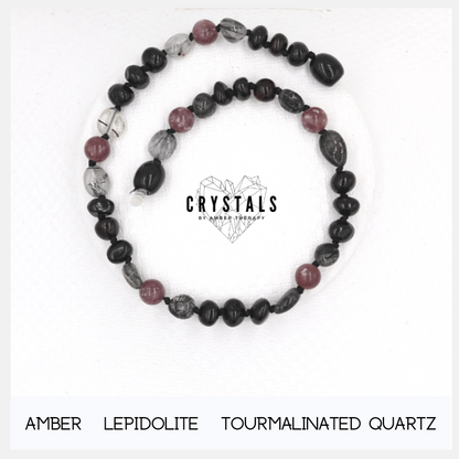 Amber, Lepidolite & Tourmalinated Quartz Adult Anklet-0