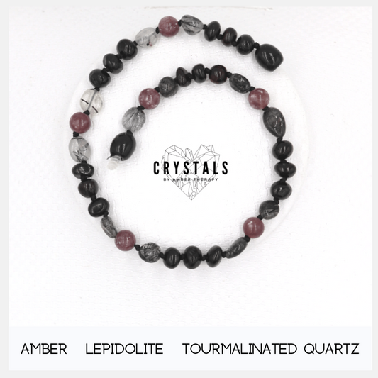 Amber, Lepidolite & Tourmalinated Quartz Adult Anklet-0