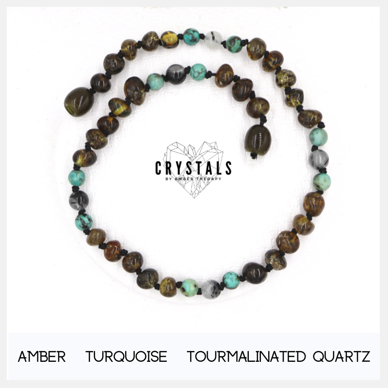 Amber, Tourmalinated Quartz & Turquoise Adult Anklet-0
