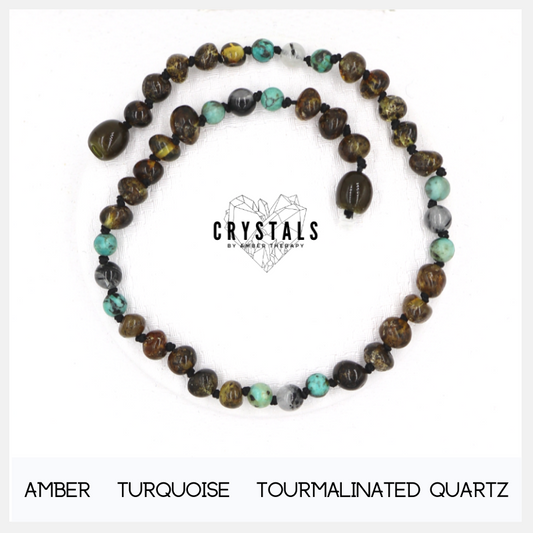 Amber, Tourmalinated Quartz & Turquoise Adult Anklet-0