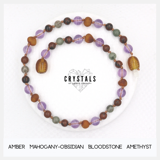 Raw Amber, Mahogany Obsidian, Bloodstone & Amethyst Adult Anklet-0