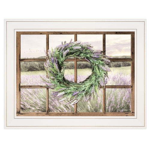 Country Gazing 3 White Framed Print Wall Art featuring a lavender wreath in a window frame.