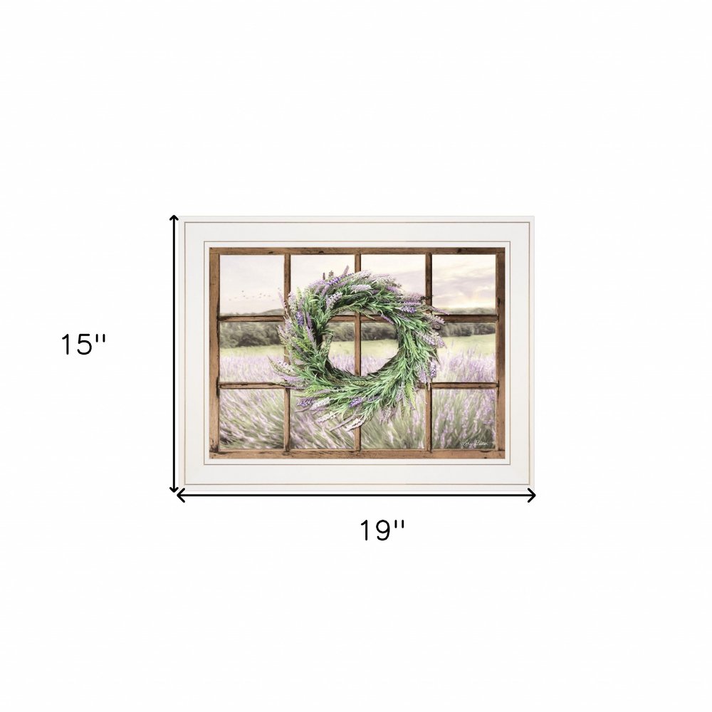 Country Gazing 3 White Framed Print Wall Art featuring a lavender wreath in a window frame, measuring 19 by 15 inches.