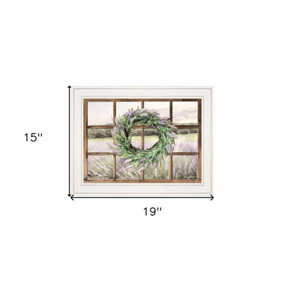 Country Gazing 3 White Framed Print Wall Art featuring a lavender wreath in a window frame, measuring 19 by 15 inches.