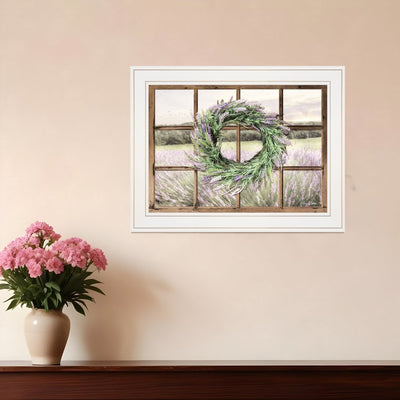 Country Gazing 3 White Framed Print Wall Art featuring a lavender wreath on a wooden window backdrop