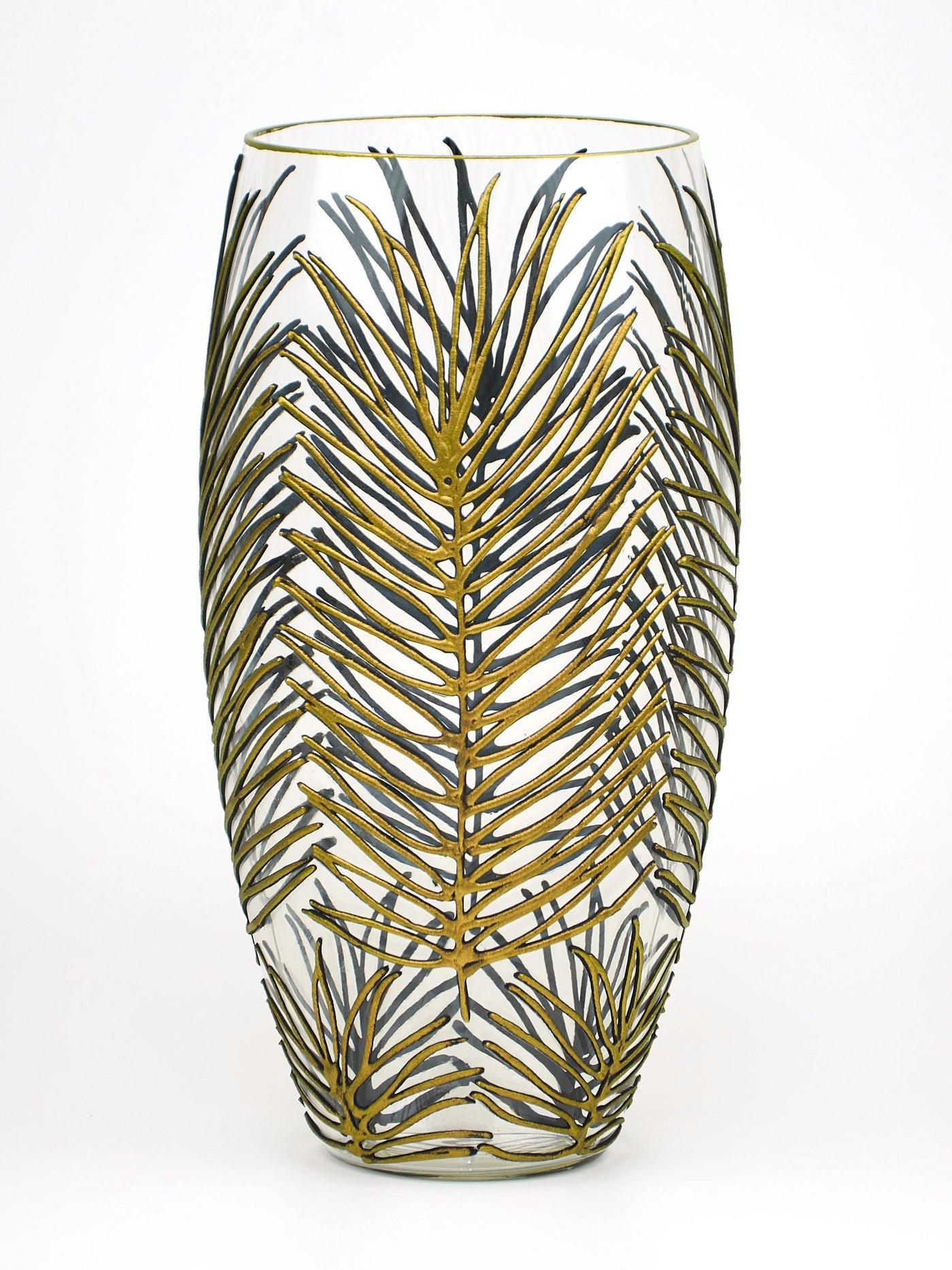 Hand Painted Glass Vase with nature-inspired palm leaf design in vibrant colors