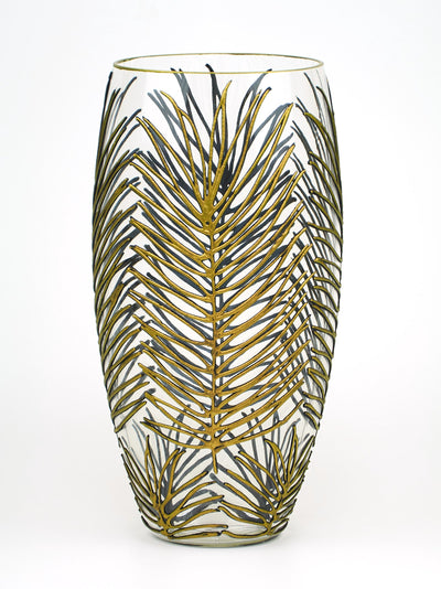 Hand Painted Glass Vase with nature-inspired palm leaf design in vibrant colors