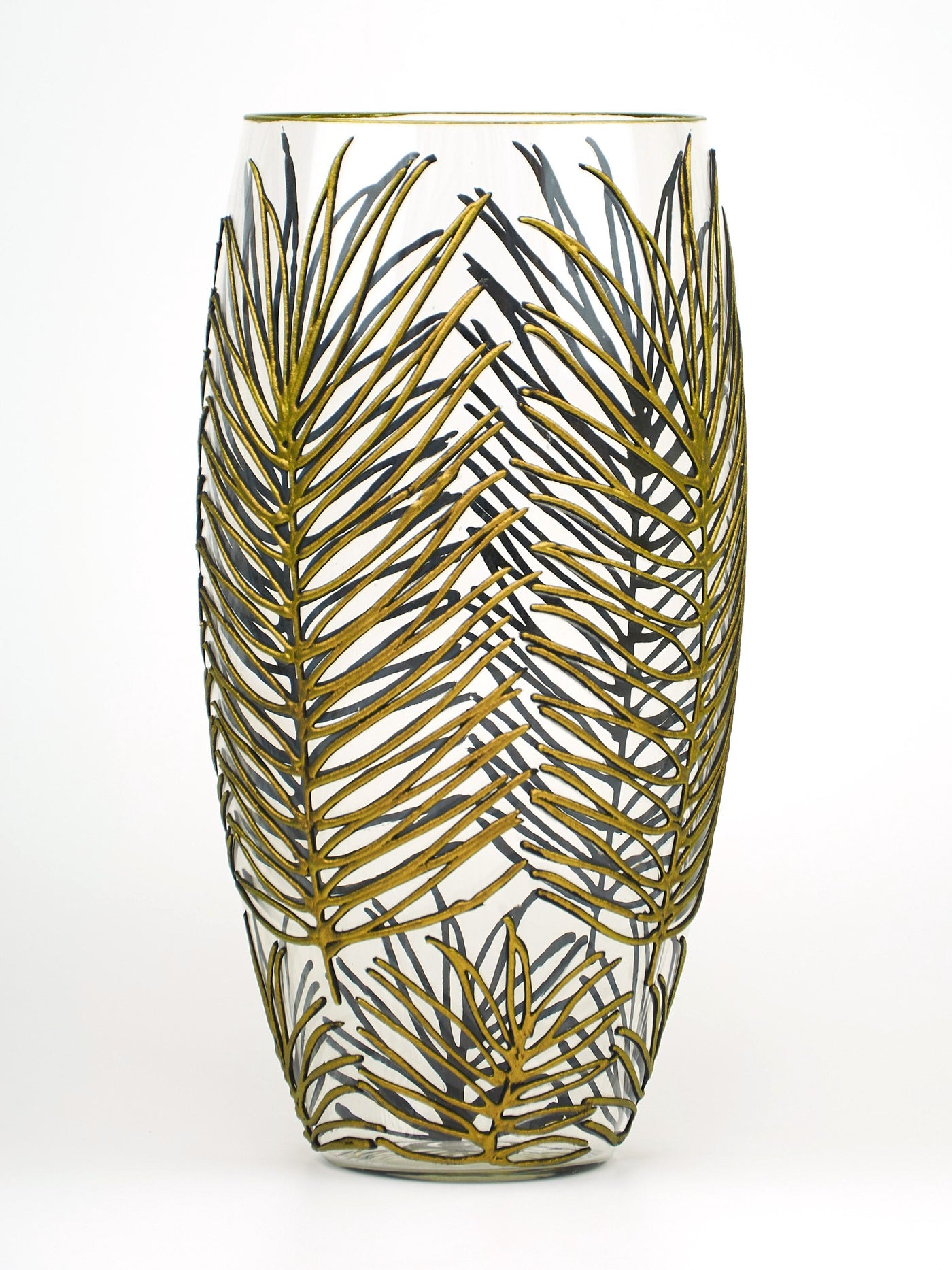 Hand Painted Glass Vase featuring unique nature-inspired palm leaf designs in elegant colors.