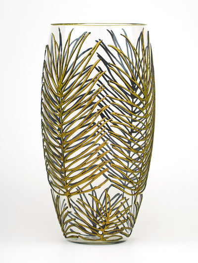 Hand Painted Glass Vase featuring unique nature-inspired palm leaf designs in elegant colors.