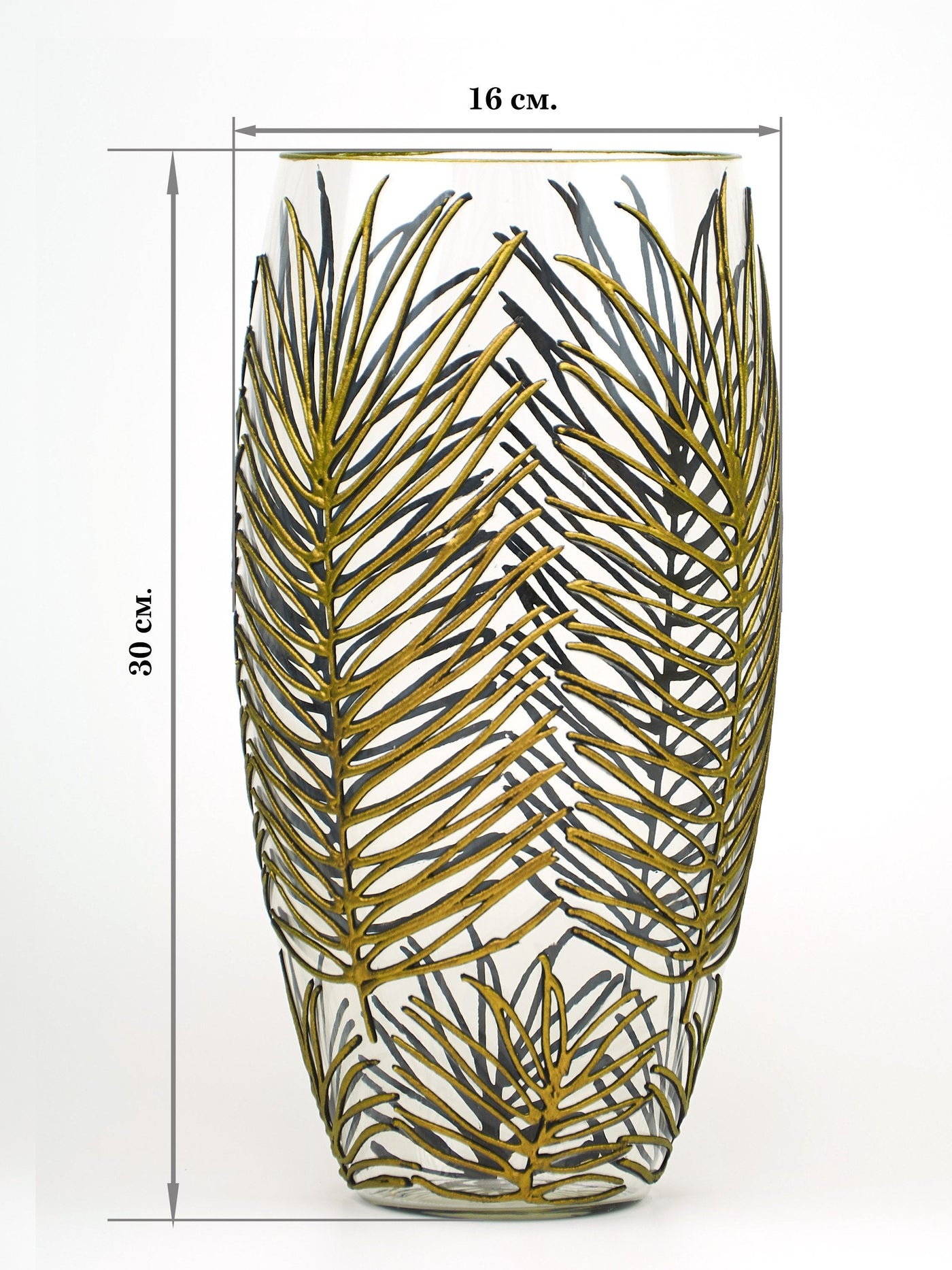 Hand Painted Glass Vase featuring nature-inspired palm leaf design, measuring 16 cm by 30 cm.