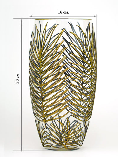Hand Painted Glass Vase featuring nature-inspired palm leaf design, measuring 16 cm by 30 cm.
