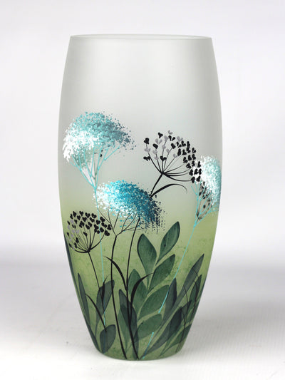 Table Green Art Decorative Glass Vase hand painted with nature inspired floral designs.