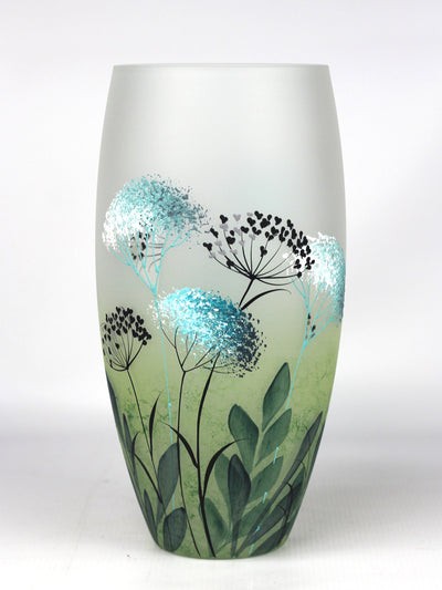 Table Green Art Decorative Glass Vase featuring nature-inspired hand-painted floral design.
