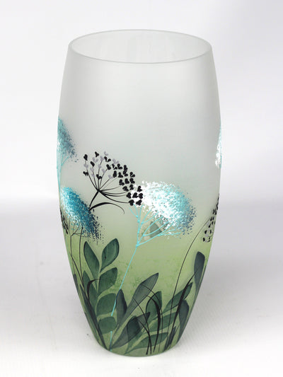 Table Green Art Decorative Glass Vase with nature-inspired hand-painted floral design.