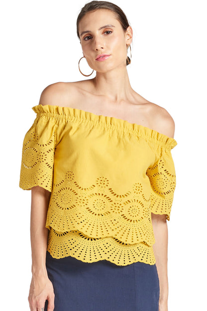 Marigold Daisy Top - Double layer off the shoulder cotton eyelet top