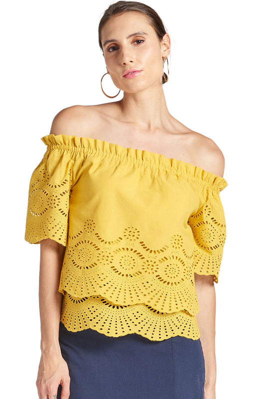 Marigold Daisy Top - Double layer off the shoulder cotton eyelet top