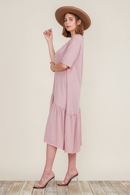 Boat Neck Short Sleeve Asymmetric Ruffle Tiered Hem Casual Loose Dress