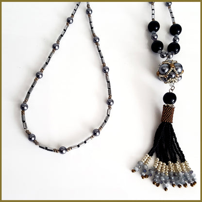 ""NEW"" Black Beaded Tassel and Hematite