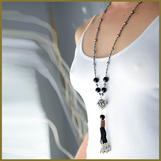 ""NEW"" Black Beaded Tassel and Hematite