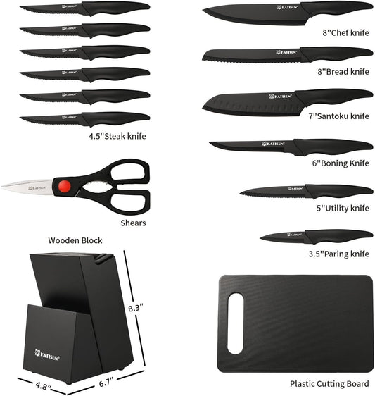 16 Pieces Kitchen Knife Block Set with Cutting Board, German Premium