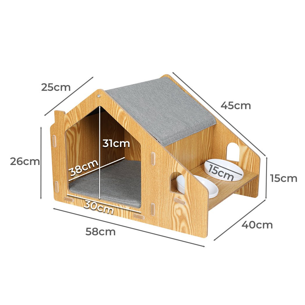 Wooden Pet House Kennel with Elevated Double Feeder Bowls-2