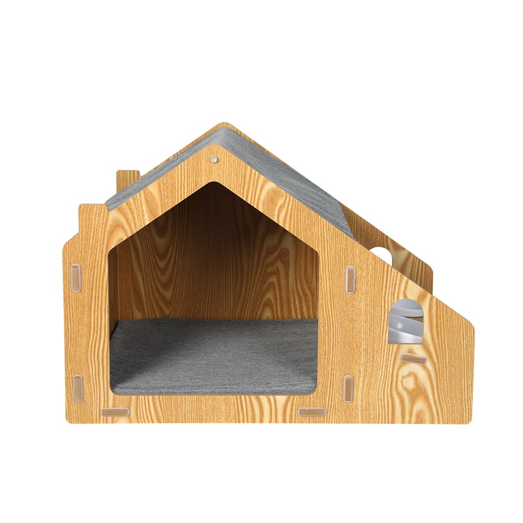 Wooden Pet House Kennel with Elevated Double Feeder Bowls-1