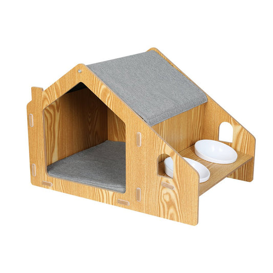 Wooden Pet House Kennel with Elevated Double Feeder Bowls-0