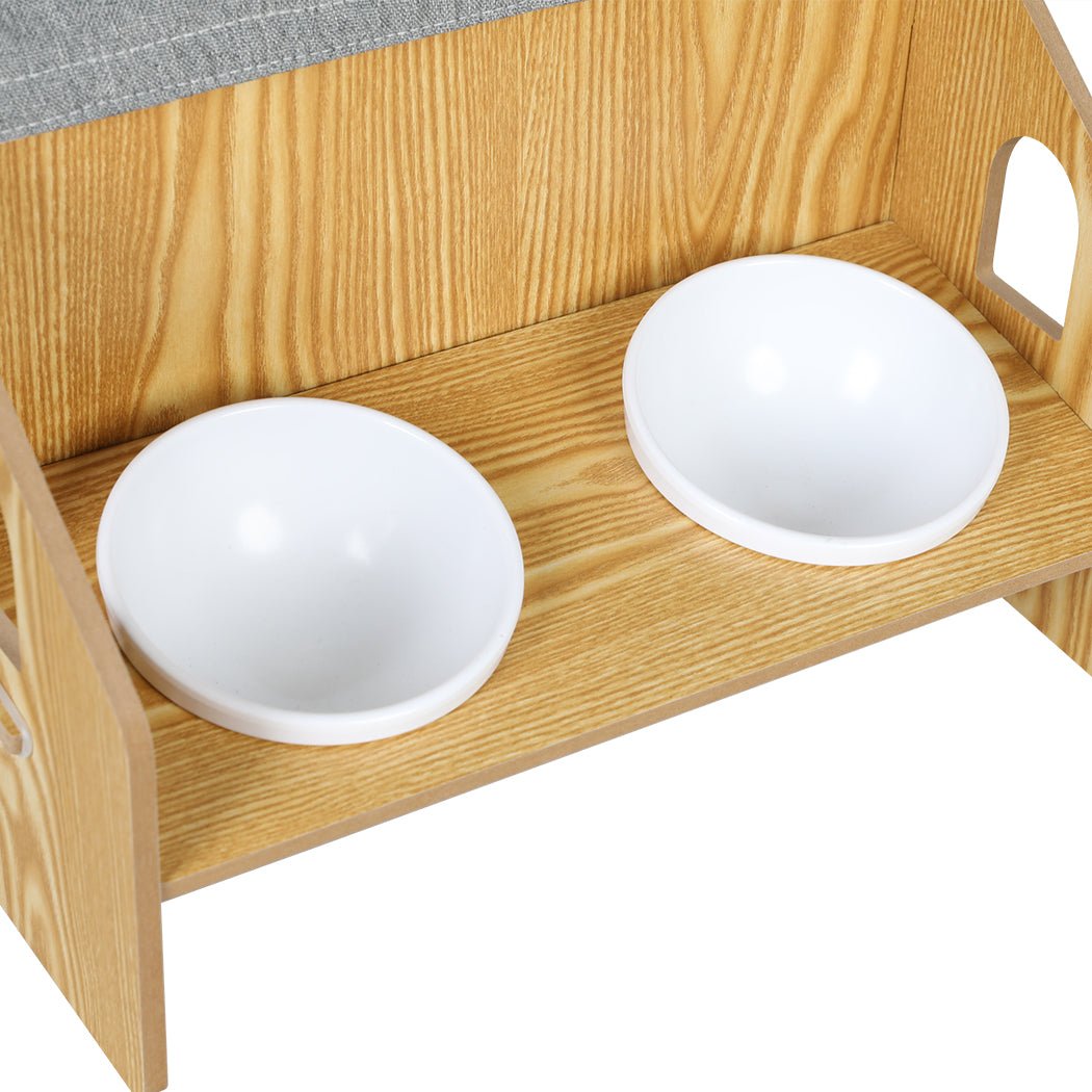Wooden Pet House Kennel with Elevated Double Feeder Bowls-3